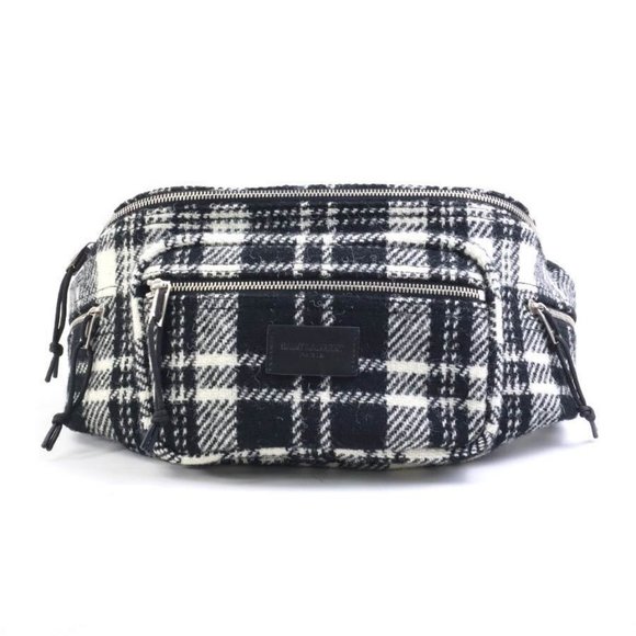 Auth SAINT LAURENT Body Bag Waist Pouch Black/White Wool - Picture 1 of 15